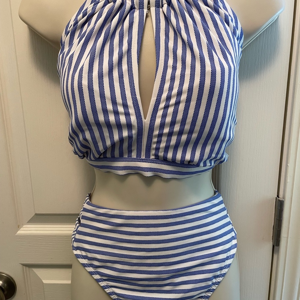 Time and Tru Blue and White Striped Two Piece Swimsuit